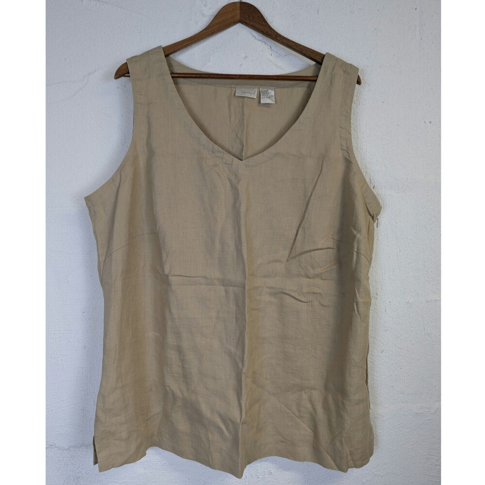 Vtg Spiegel Linen Sleeveless Blouse Tan Classic Office Neutral Breezy Womens 18W